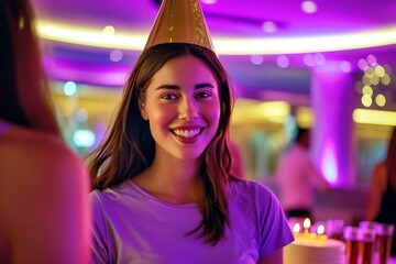 Wall Mural - Attractive people at a birthday party in a ballroom, woman wearing purple t-shirt , short pant. smiling in front of a modern cake, wearing a gold party hat, p (6)