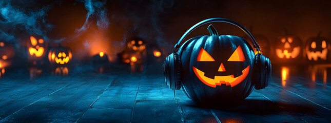 Halloween party. Jack O' Lantern pumpkin wearing headphones on background of scary Halloween night.