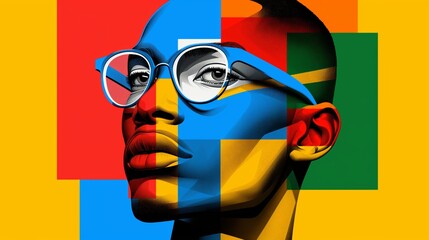 Wall Mural - A man with glasses is shown in a colorful collage. The image is a work of art that combines different colors and shapes to create a unique and eye-catching design