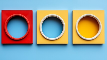 Poster - Three wooden circles of different colors are arranged in a row. The circles are red, yellow, and white. The circles are arranged in a way that they look like they are part of a larger circle