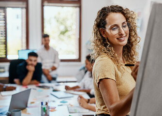 Poster - Coaching, meeting and presentation with designer woman in creative workplace for upskill development. Management, seminar and workshop with project lead training staff in office for company vision