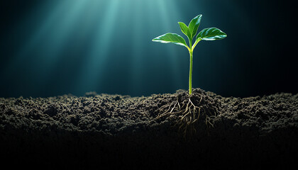 A fresh green plant emerges from dark soil under soft sunlight in an indoor setting, symbolizing growth and renewal