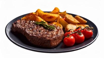 Canvas Print - appetizing beef entrecote served with fried potatoes grilled peppers cherry tomatoes and onion