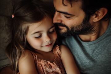 Touching moment between a father and daughter, with their faces close and eyes closed