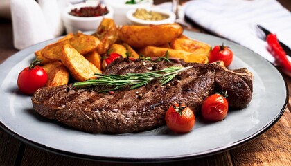 Wall Mural - appetizing beef entrecote served with fried potatoes grilled peppers cherry tomatoes and onion