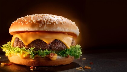 Wall Mural - tasty cheese burger on dark background created with generative ai