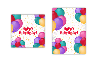 Happy Birthday greeting cards set of 2 designs. Vector illustration. Bday square and vertical greeting card templates. Helium balloons colorful and text. Fun celebration postcard, party objects