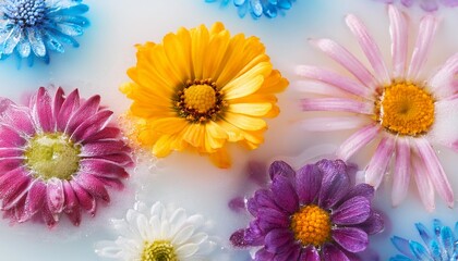 abstract background of colorful frozen flowers in milk ice and water