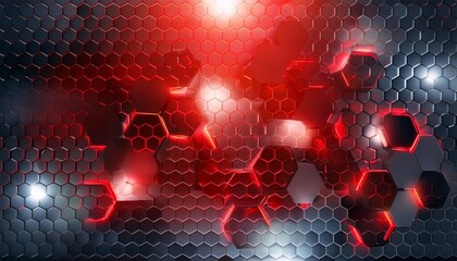 Wall Mural - hexagonal abstract background red bright light flashes under the hexagon red highlights under the gray honeycomb texture