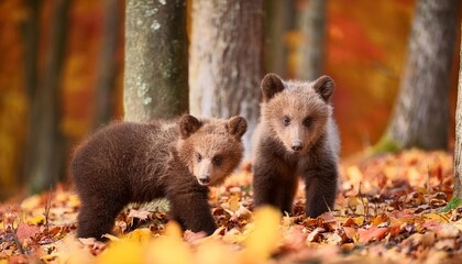 Wall Mural - 2 bear cubs in the woods during fall season