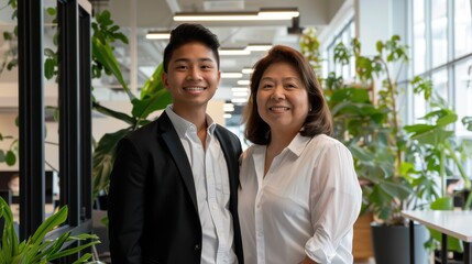 A young Hispanic man and a senior Asian woman standing together, smiling in a modern office space with sustainable, eco-friendly materials. 