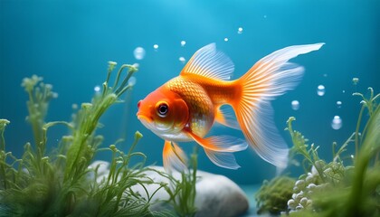 bright goldfish exploring underwater plants against a soft blue background