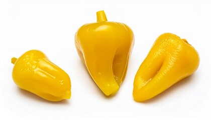 three pickled yellow peppers pepperoncini or friggitelli isolated on white background hot pepper marinated brined traditional italian and greek cuisine ingredient for salad pasta sauce