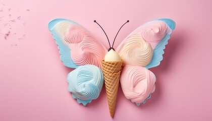 a whimsical butterfly made of ice cream and a cone featuring pastel colors