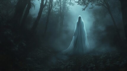 A mysterious figure in a white robe walks through a dense, fog-filled forest. The ethereal glow of the figure creates a sense of wonder and mystery.