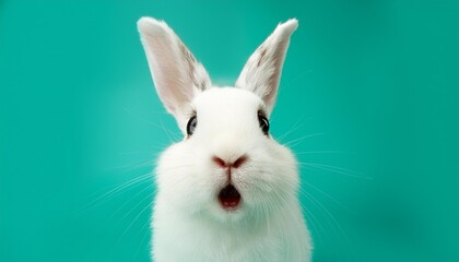 Wall Mural - shocked white bunny isolated on a mint background