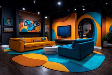 Poster - 80s style TV show set with bright colors and retro decor, depicted in an artwork where a TV show set features bright, retro decor, including colorful furniture, a boxy TV, and abstract wall
