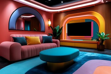 Aufkleber - 80s style TV show set with pastel colors and abstract designs, illustrated in a scene where a living room set from an 80s sitcom features pastel-colored furniture, abstract wall art, and a boxy