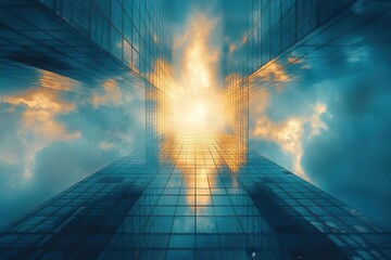 towering glass skyscraper mirroring cloudscape surreal reflections creating optical illusion seamless blend of architecture and sky ethereal cityscape with dreamy atmosphere