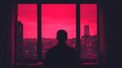 Silhouetted man gazing at a vibrant pink city skyline at dusk.