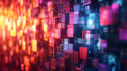 Abstract futuristic background Data Transfer in colorful mirror reflective blocks travelling on a rod from top to bottom.