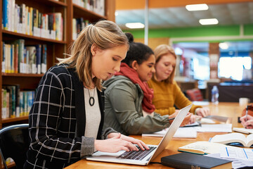 Laptop, typing and woman in library for study group with university, education and scholarship application. Books, online research and college student on campus with learning, knowledge and growth