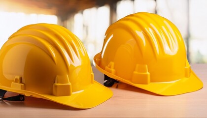 two yellow hard hats are on a table