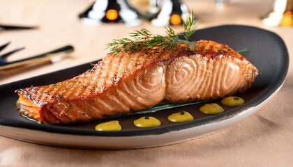 Wall Mural - grilled salmon fillet at a fine dining restaurant on a plate generative ai