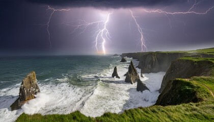 Wall Mural - lightning strikes over coastal cliffs intense storm energy lightning illuminating rough seas and jagged cliffs dramatic natural power