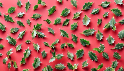 Wall Mural - abstract holly leaves spreading across a pale red background