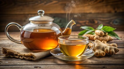 Poster -  teapot and cup of tea with ginger.