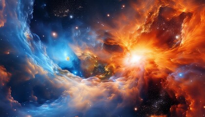 Wall Mural - this abstract image captures the beauty of a cosmic nebula with vibrant orange and blue hues symbolizing the creation destruction and rebirth of celestial bodies it is a breathtaking depiction of