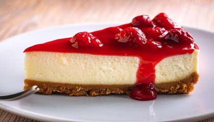 Wall Mural - a slice of cheesecake with raspberry sauce on top generative ai