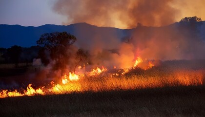 Wall Mural - controlled burn of grassland at dusk to prevent wildfires