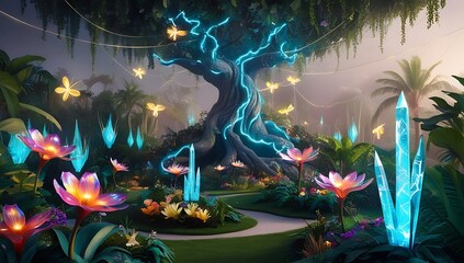 Wall Mural - A Surreal tropical garden background. Generative Ai.