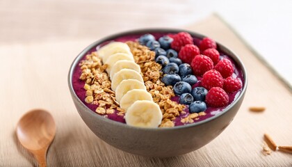 delicious acai bowl with fresh fruit and granola an acai bowl topped with fresh raspberries blueberries banana slices and granola symbolizing a healthy and satisfying breakfast or snack