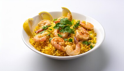 Wall Mural - delicious shrimp biryani garnished with fresh cilantro and lemon wedges served in a white bowl on a white background