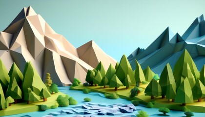 low poly mountain landscape with a river and trees