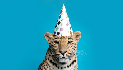 Wall Mural - funny leopard with birthday party hat on blue background