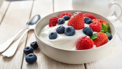 Wall Mural - healthy breakfast with fresh berries and greek yogurt for a nutritious start