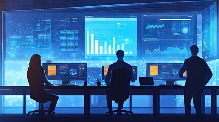 Poster - A business team working in a tech-savvy office with multiple screens displaying financial data, representing business progress.