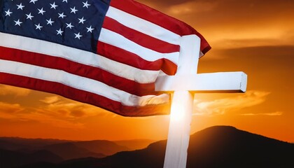 american flag and cross at sunset