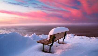 Wall Mural - a bench sitting on top of a pile of snow next to the ocean with a pink sky in the background