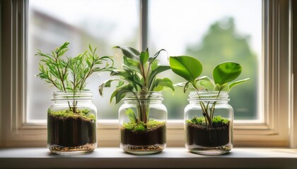 Wall Mural - three beautiful plants in glass jars gracefully displayed on a window sill enhancing natural ambiance and indoor greenery