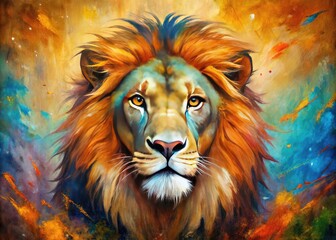  A vibrant, expressionist painting of a majestic lion's face, textured with thick brushstrokes and bold colors, against a muted, earthy-toned background.