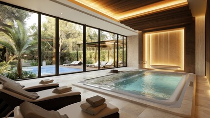 Sticker - Modern Spa Interior with Pool and Loungers