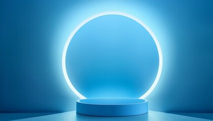 Sticker - minimalistic abstract blurry light blue background for product presentation with a circular neon glow