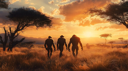 Wall Mural - artist's depiction of early hominins walking through a savanna.