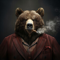 elegant anthropomorphic bear smoking a cigar