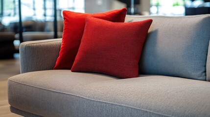 Canvas Print - Grey Sofa with Red Pillows in a Modern Interior